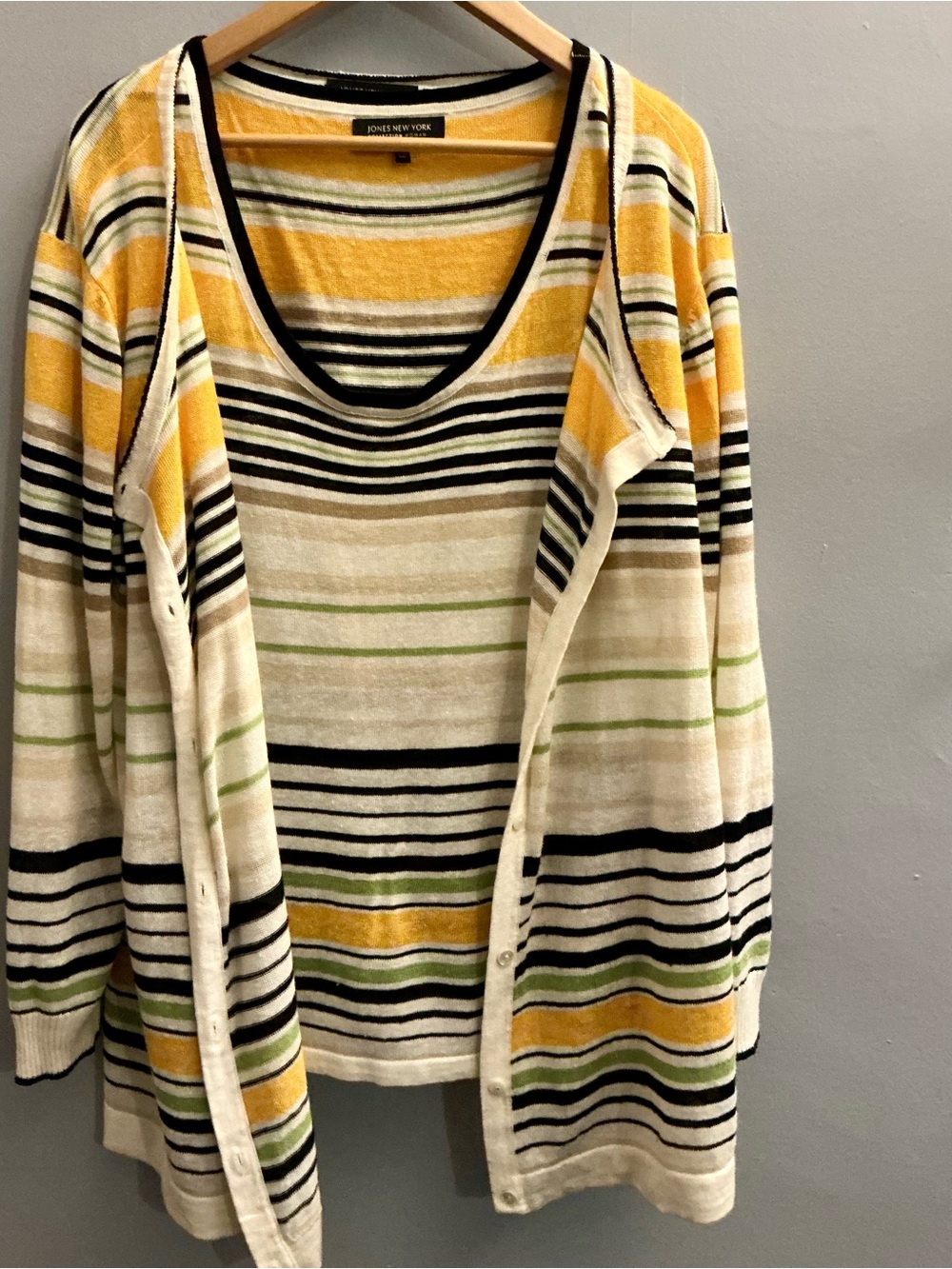 Jones New York Woman 1X Linen Blend Classic Striped Cardigan Tank Sweater Set